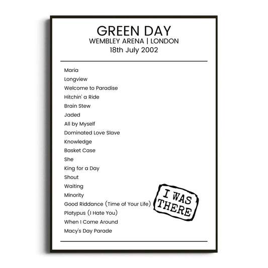 Green Day London 18 July 2002 Setlist Poster