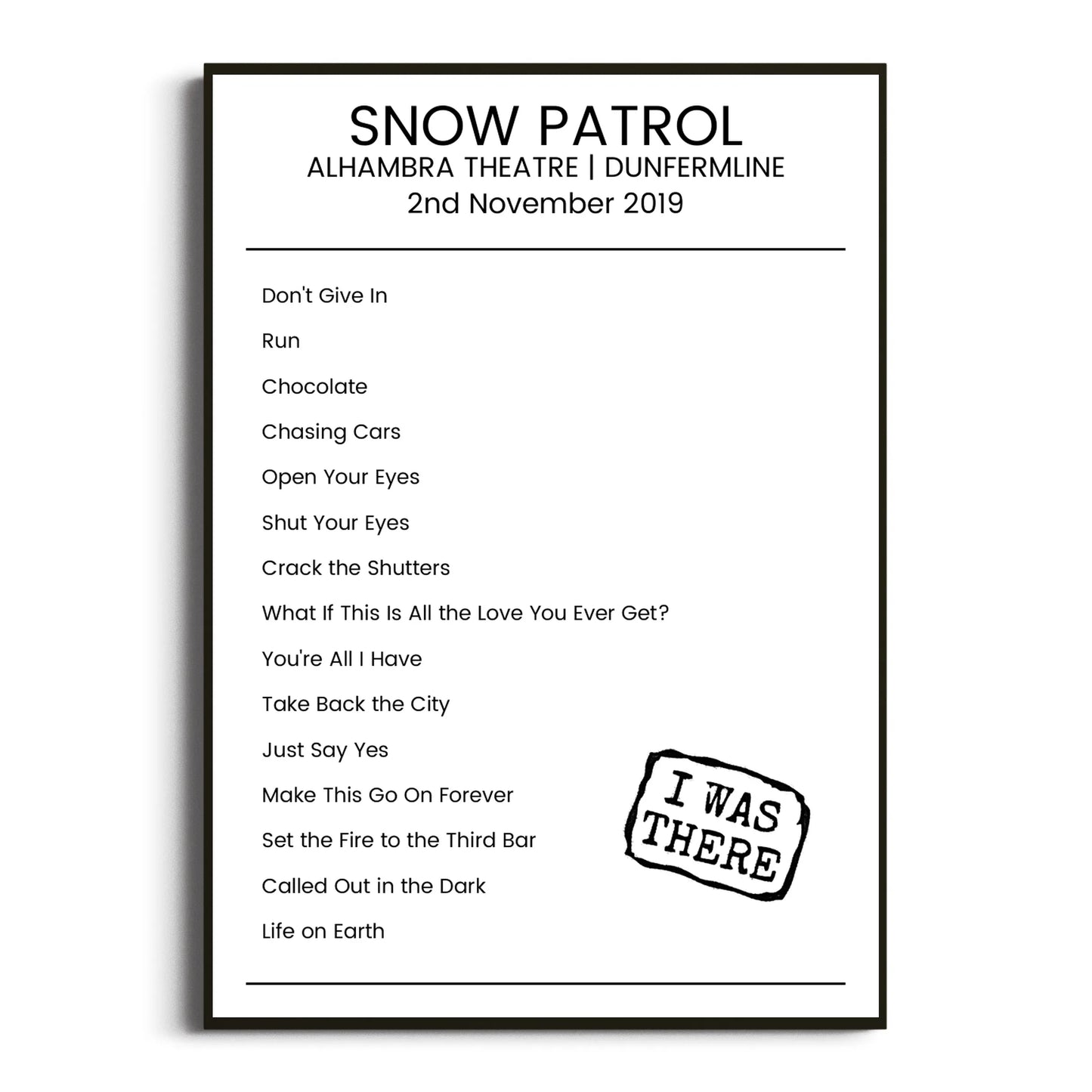 Snow Patrol Dunfermline 02 November 2019 Setlist Poster