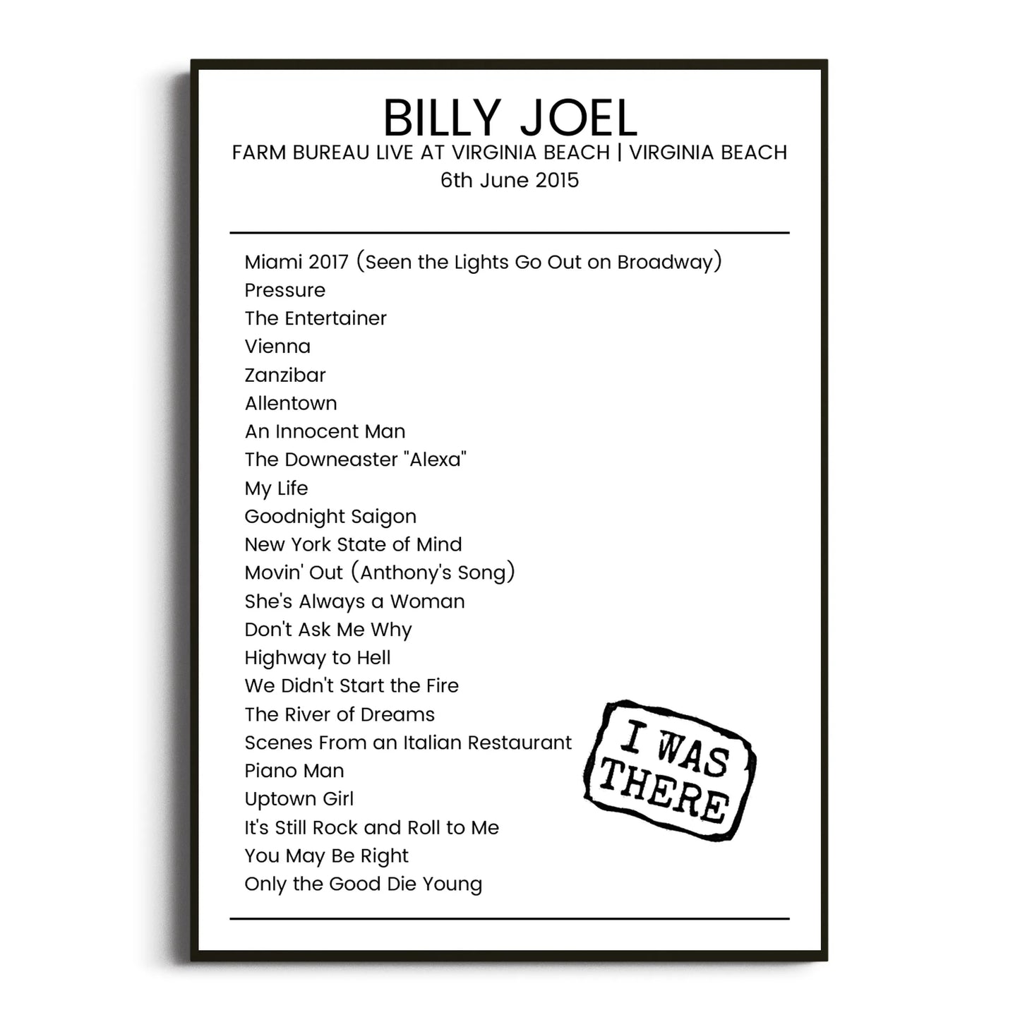 Billy Joel Virginia Beach 06 June 2015 Setlist Poster