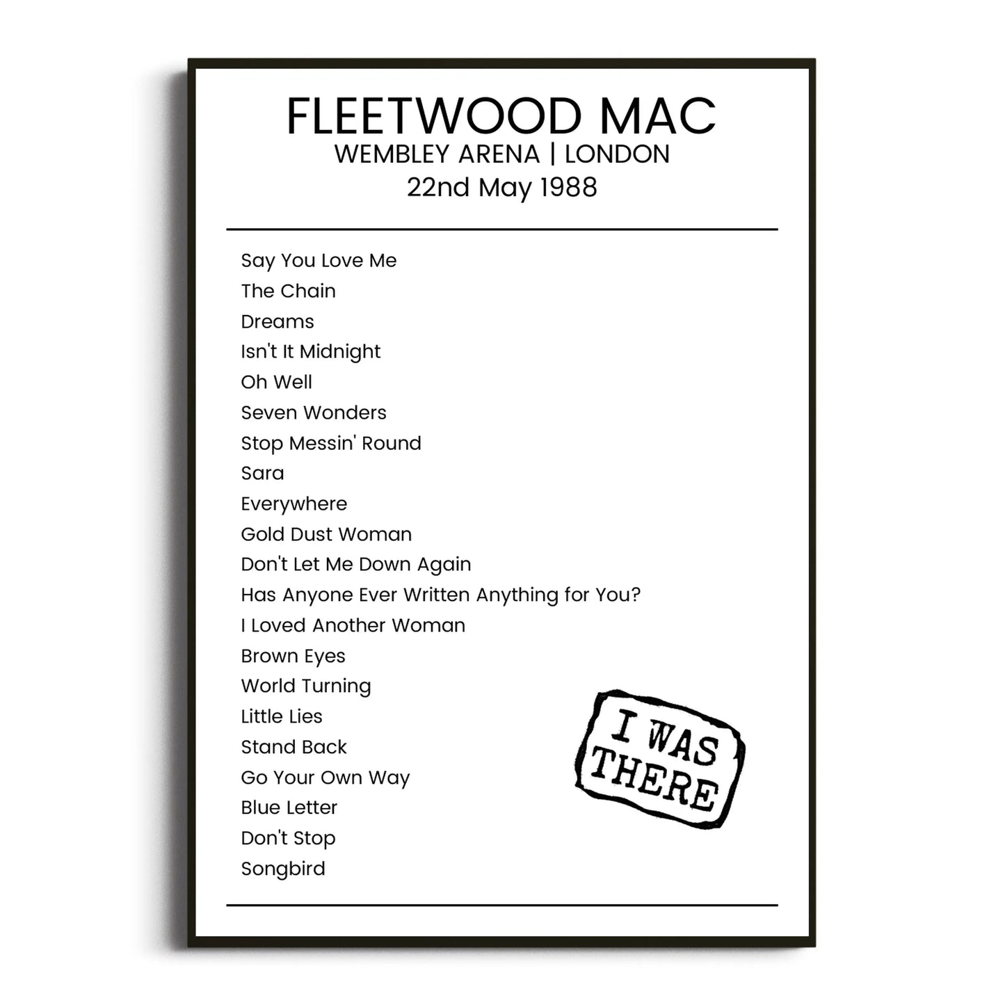 Fleetwood Mac London 22 May 1988 Setlist Poster