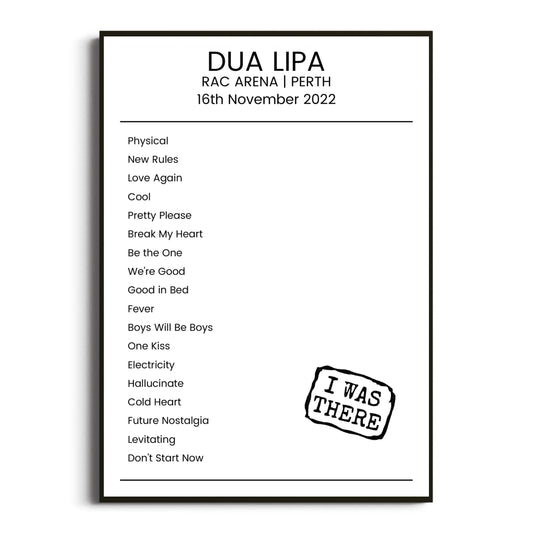 Dua Lipa Perth 16 November 2022 Setlist Poster