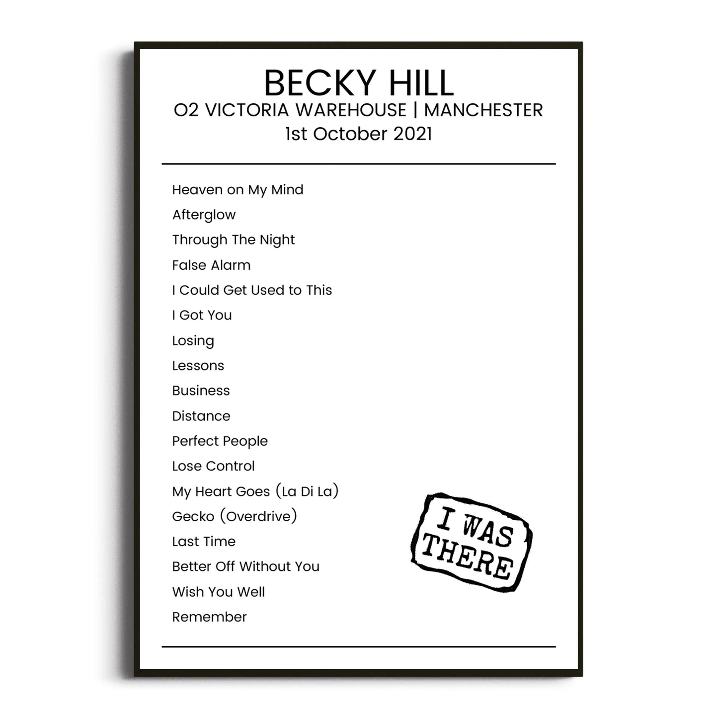 Becky Hill Manchester 01 October 2021 Setlist Poster