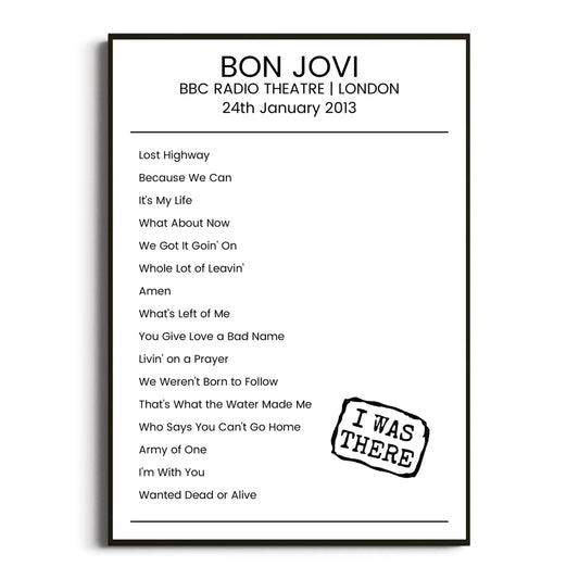 Bon Jovi London 24 January 2013 Setlist Poster