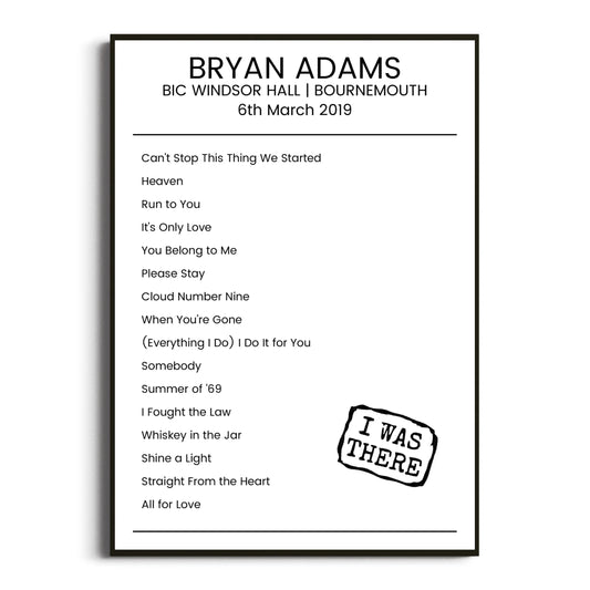 Bryan Adams Bournemouth 06 March 2019 Setlist Poster