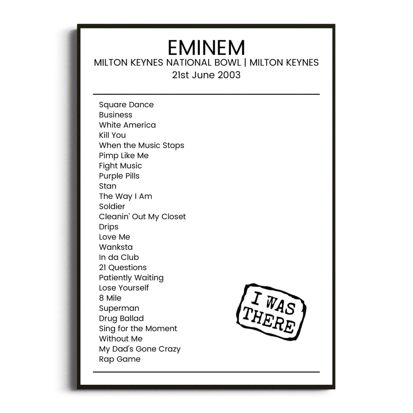 Eminem Milton Keynes 21 June 2003 Setlist Poster