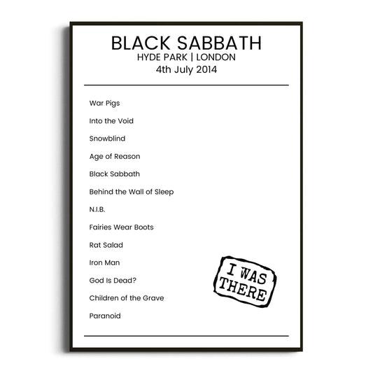 Black Sabbath London 04 July 2014 Setlist Poster