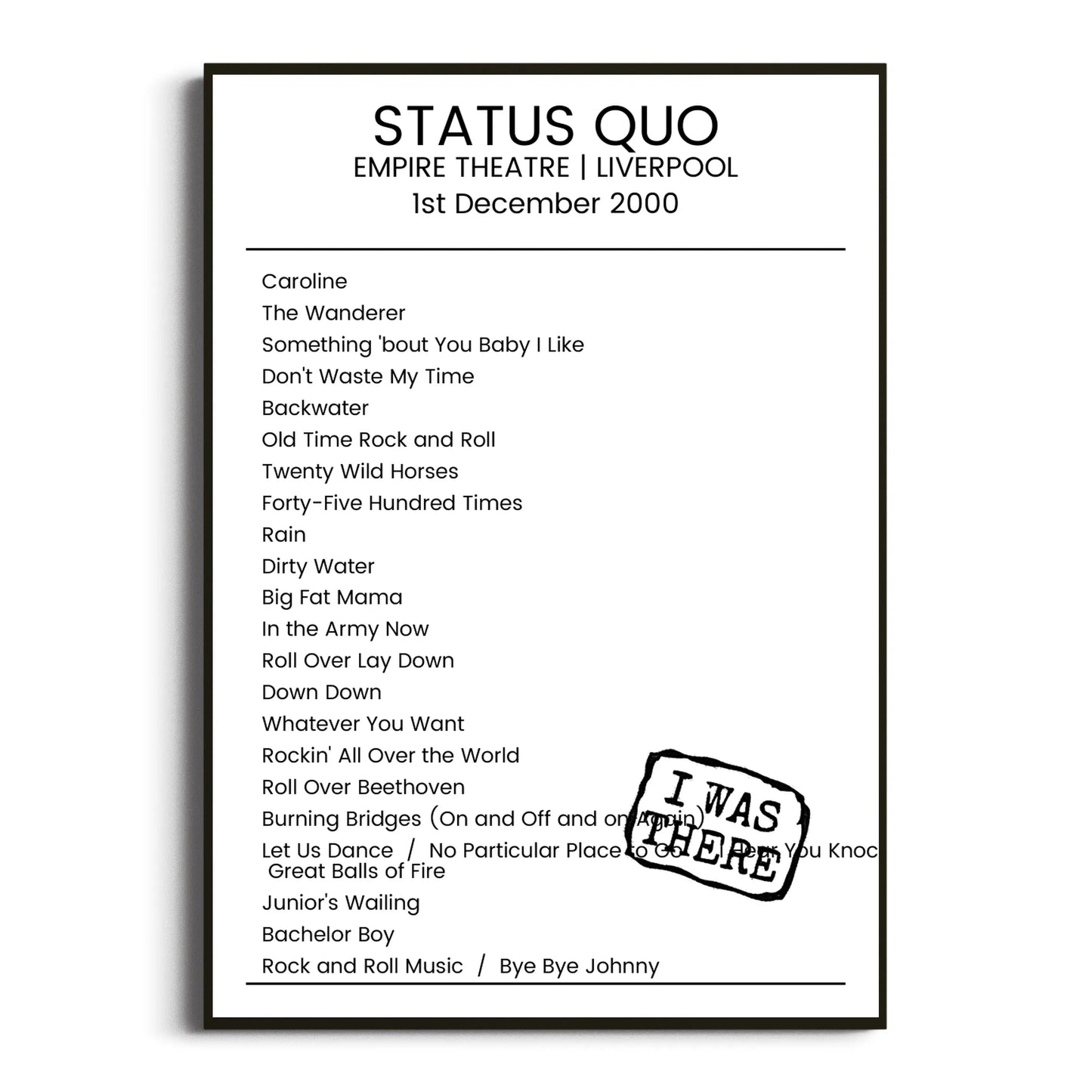 Status Quo Liverpool 01 December 2000 Setlist Poster