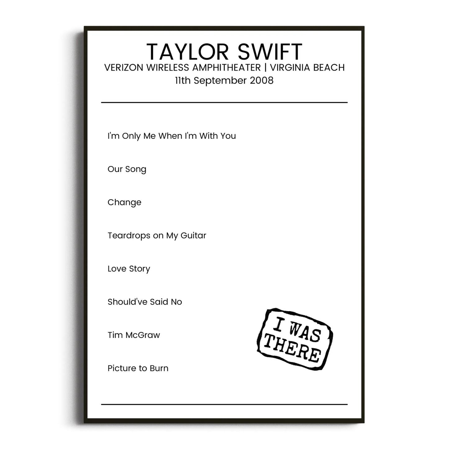 Taylor Swift Virginia Beach 11 September 2008 Setlist Poster