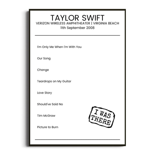 Taylor Swift Virginia Beach 11 September 2008 Setlist Poster