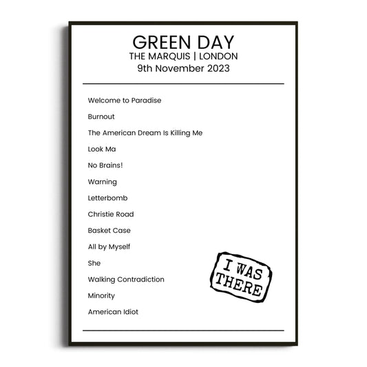 Green Day London 09 November 2023 Setlist Poster