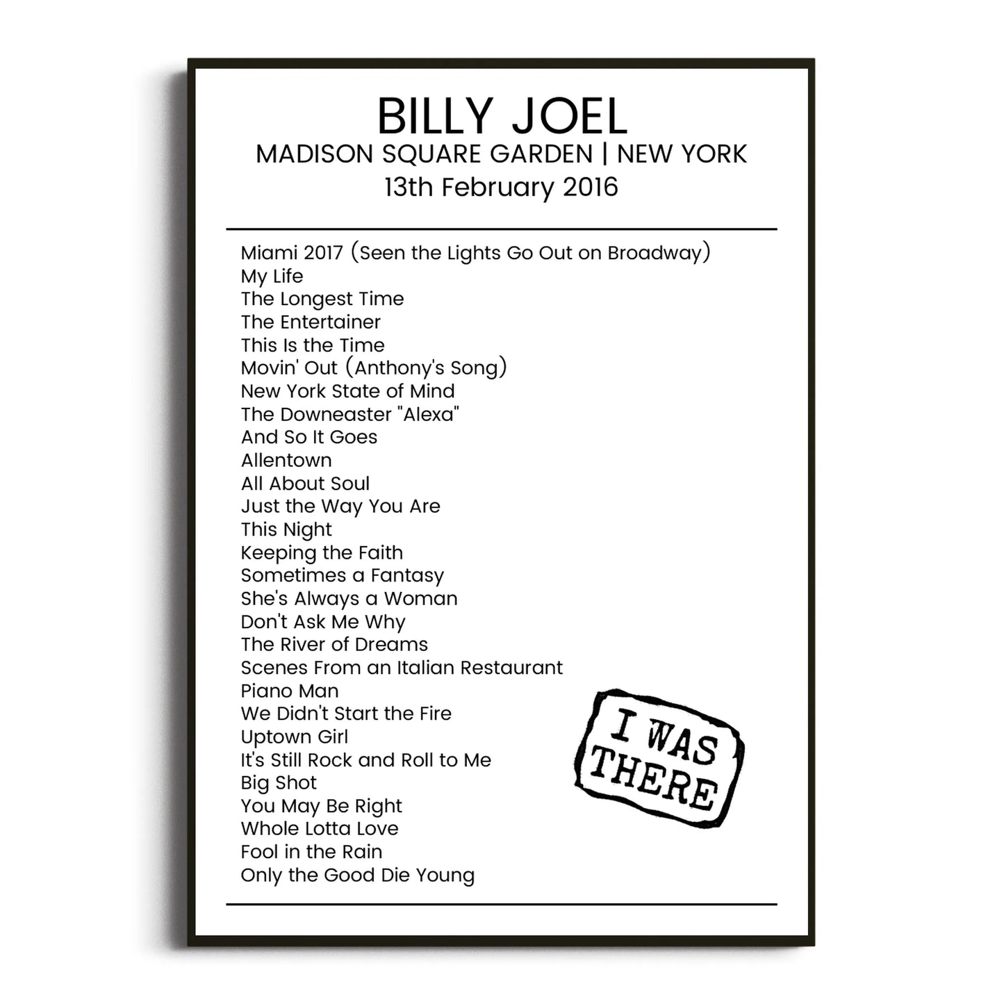 Billy Joel New York 13 February 2016 Setlist Poster