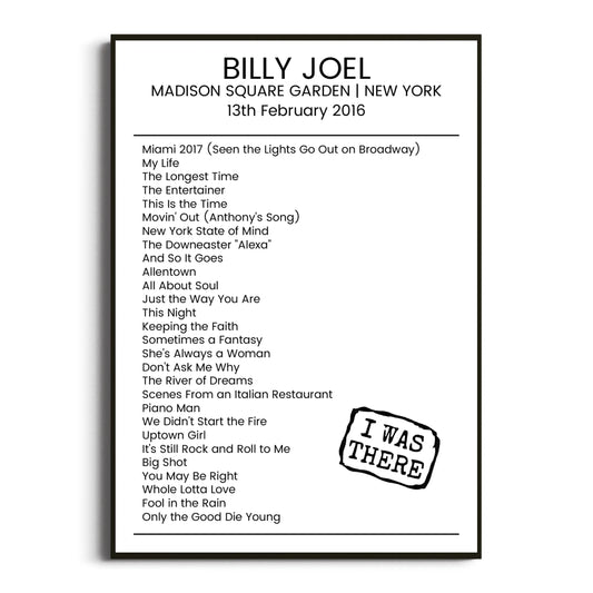 Billy Joel New York 13 February 2016 Setlist Poster