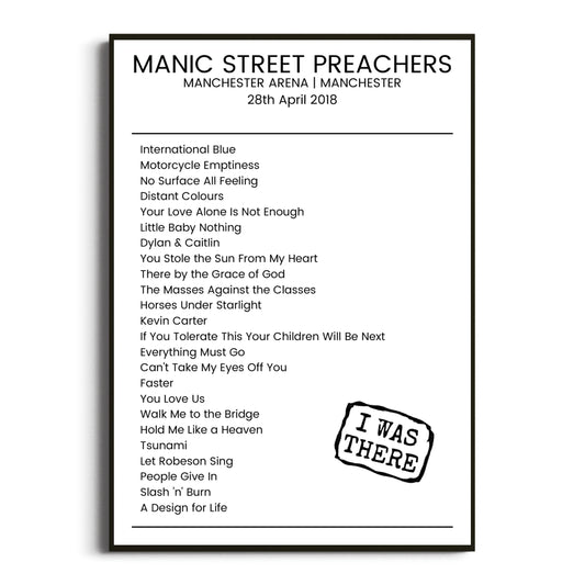 Manic Street Preachers Manchester 28 April 2018 Setlist Poster