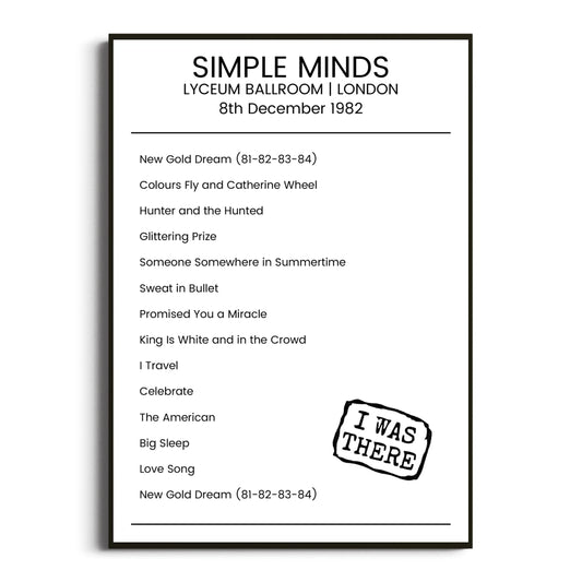 Simple Minds London 08 December 1982 Setlist Poster