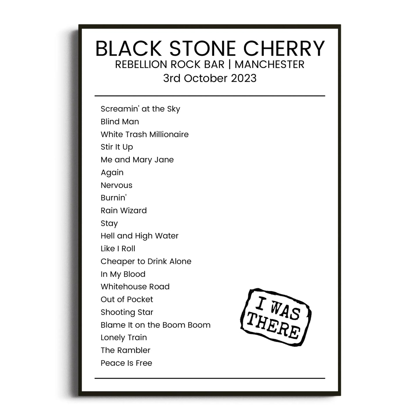 Black Stone Cherry Manchester 03 October 2023 Setlist Poster