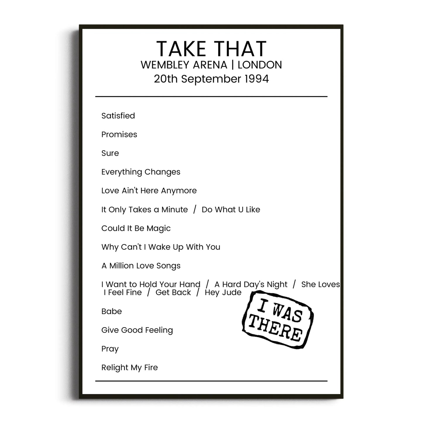 Take That London 20 September 1994 Setlist Poster