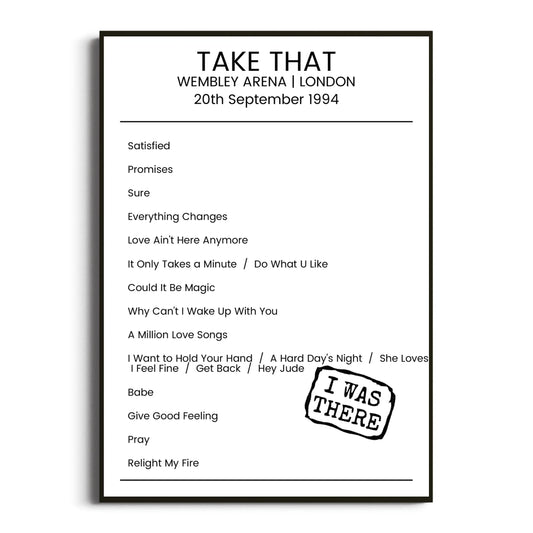 Take That London 20 September 1994 Setlist Poster