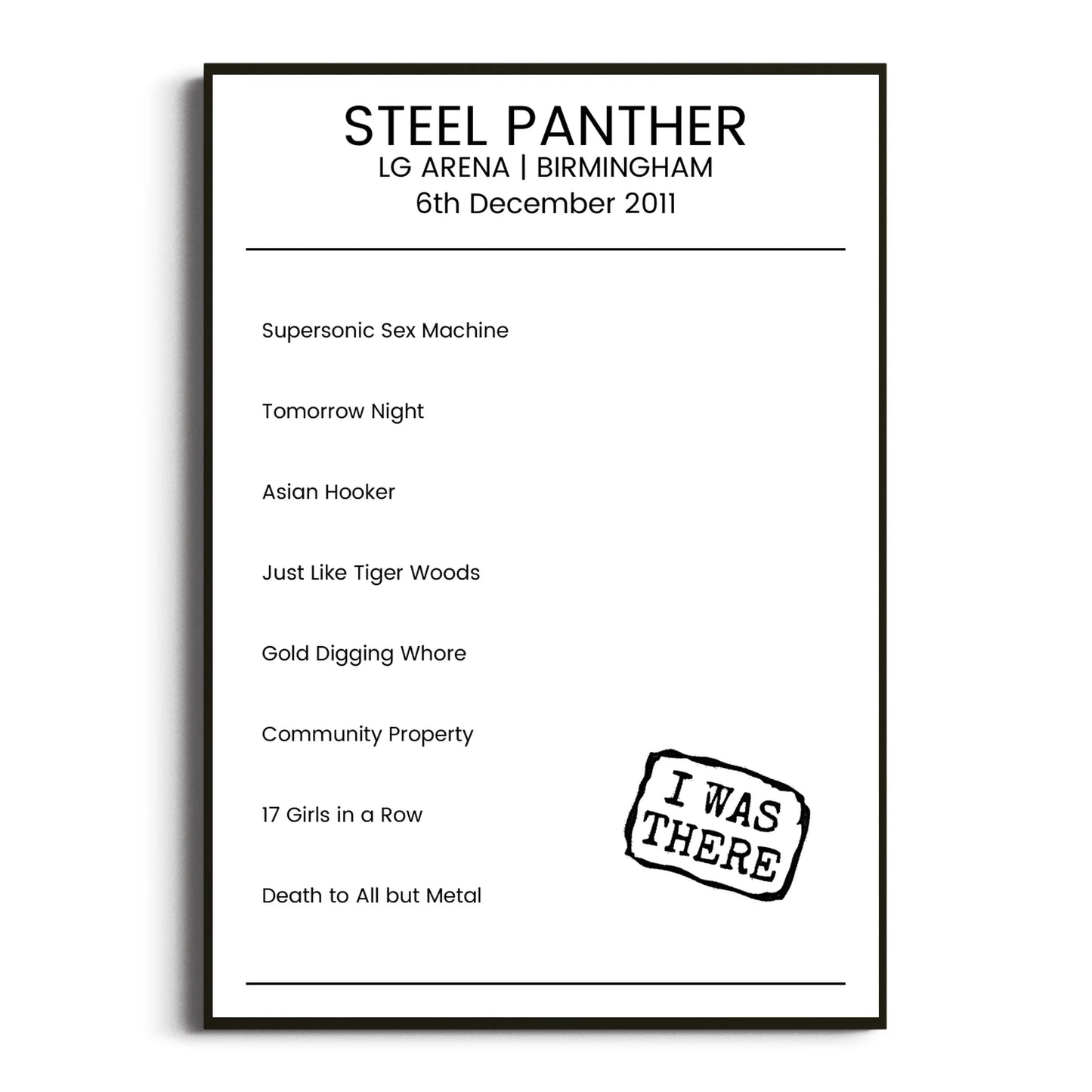 Steel Panther Birmingham 06 December 2011 Setlist Poster