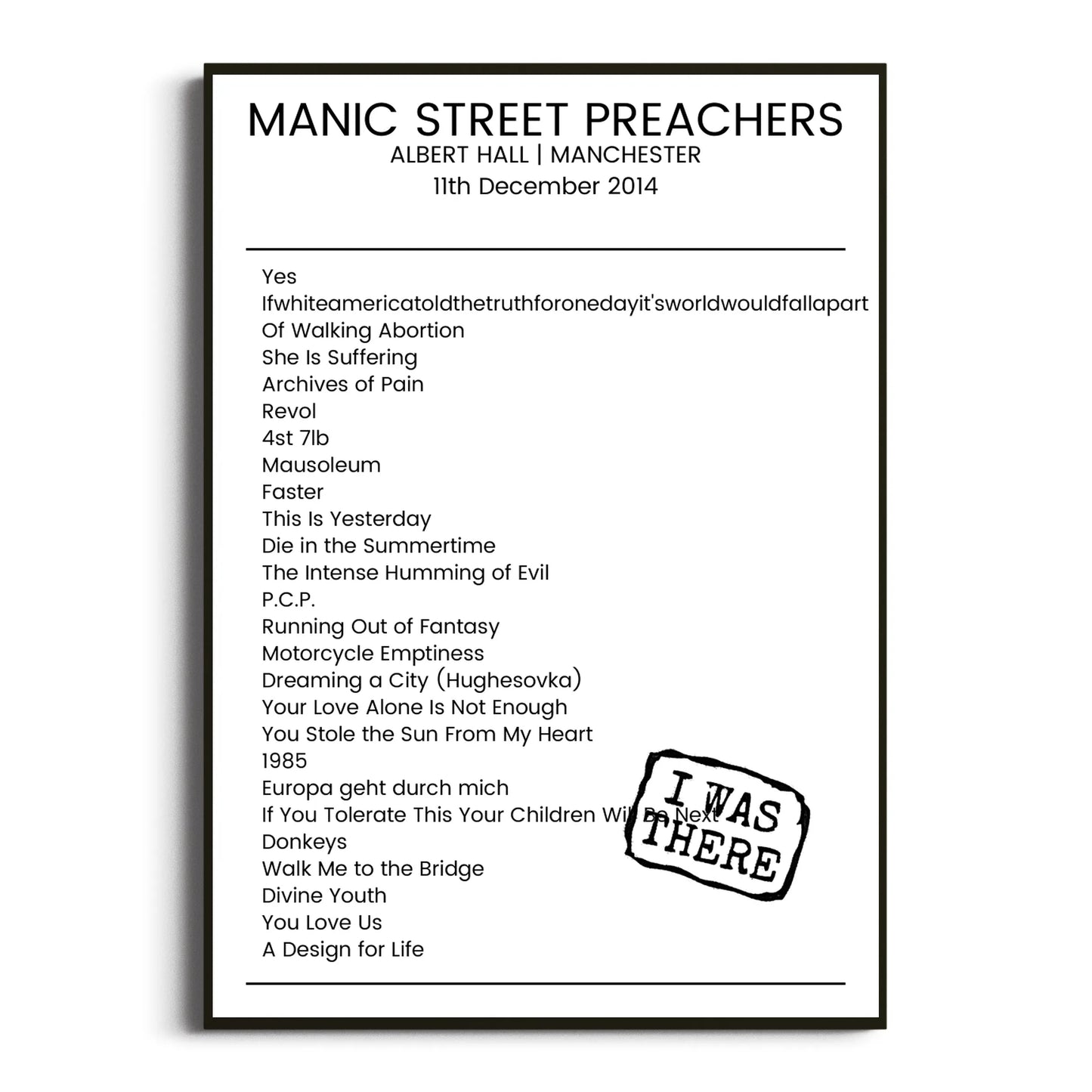 Manic Street Preachers Manchester 11 December 2014 Setlist Poster