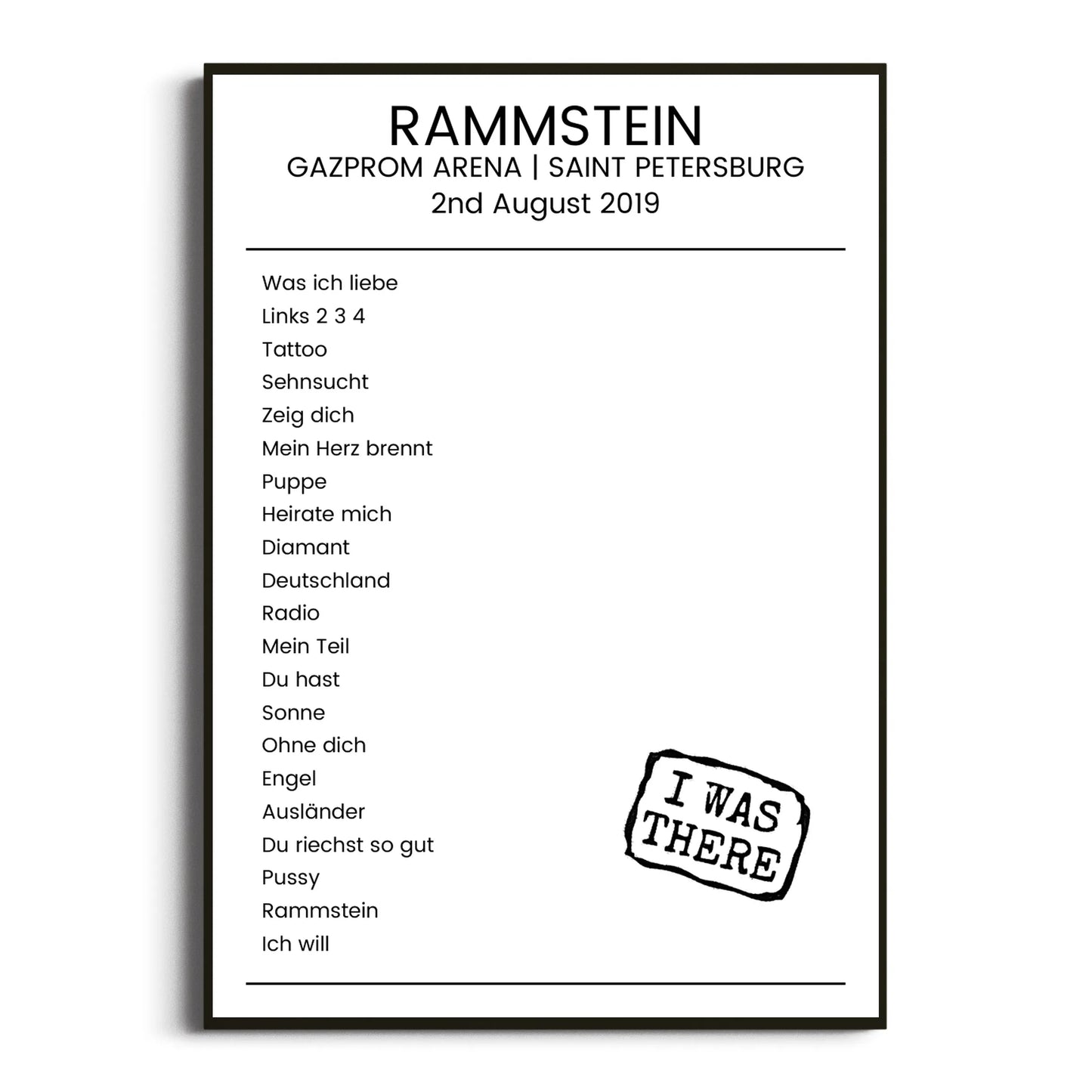 Rammstein Saint Petersburg 02 August 2019 Setlist Poster