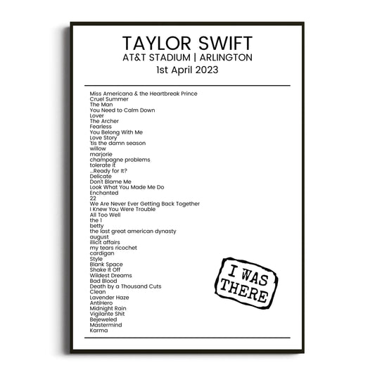 Taylor Swift Arlington 01 April 2023 Setlist Poster