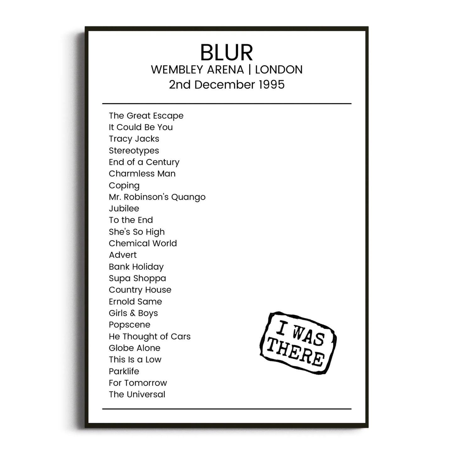 Blur London 02 December 1995 Setlist Poster