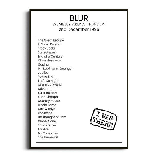 Blur London 02 December 1995 Setlist Poster