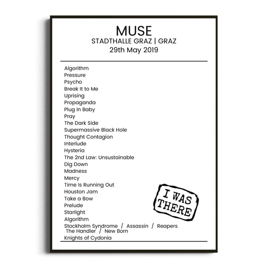 Muse Graz 29 May 2019 Setlist Poster