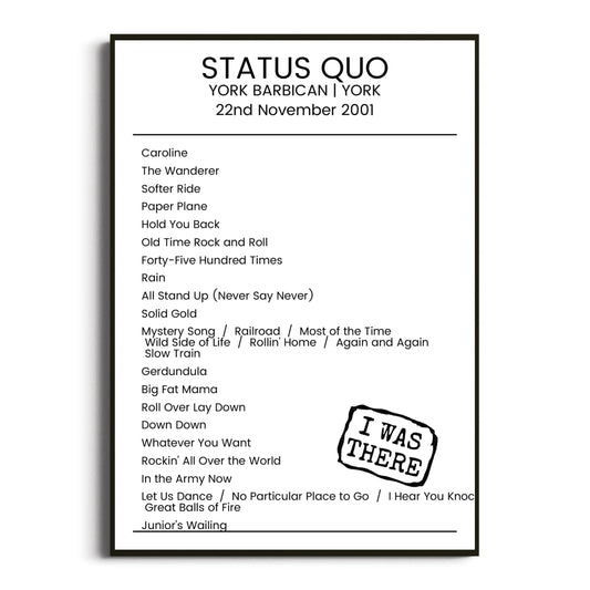 Status Quo York 22 November 2001 Setlist Poster