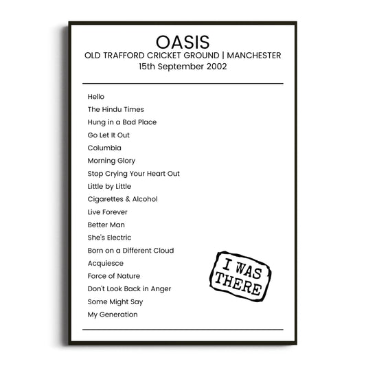 Oasis Manchester 15 September 2002 Setlist Poster