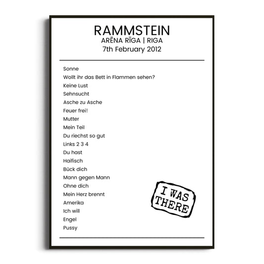 Rammstein Riga 07 February 2012 Setlist Poster