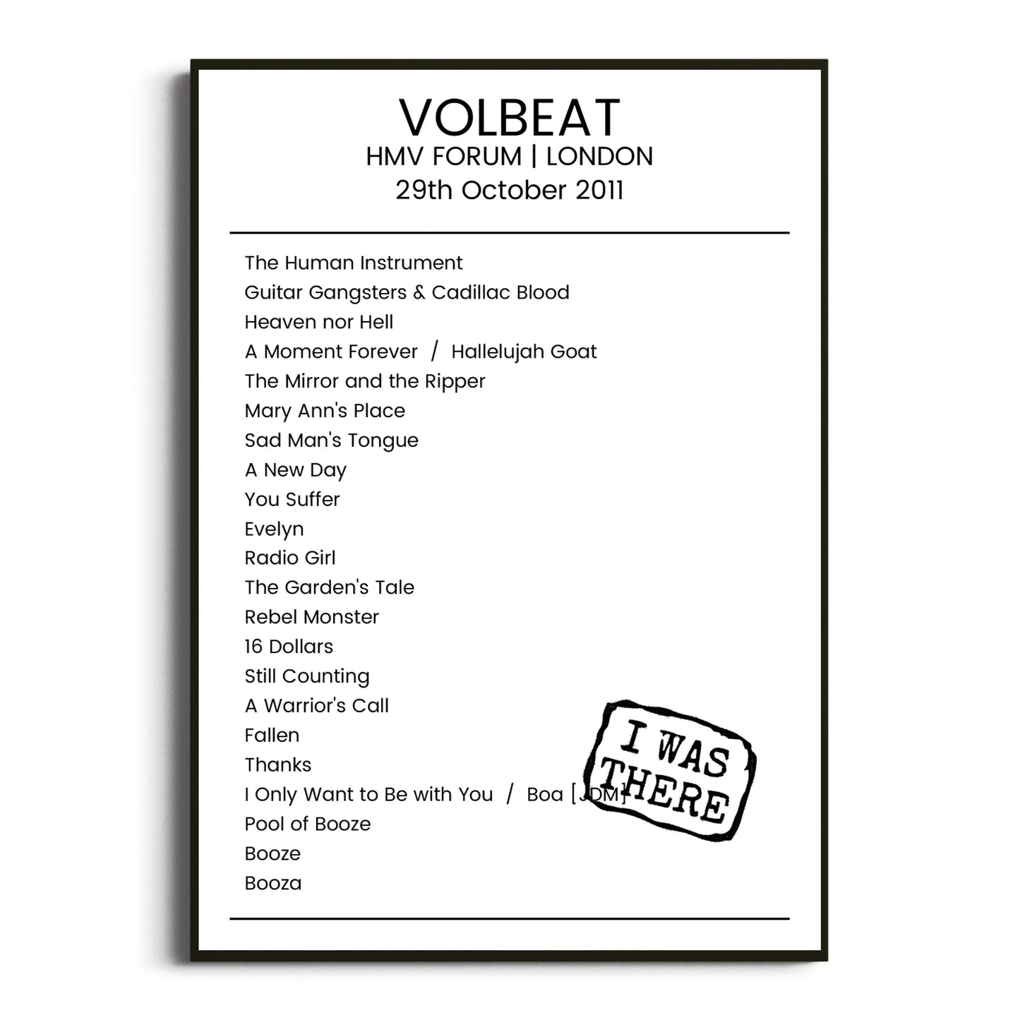 Volbeat London 29 October 2011 Setlist Poster