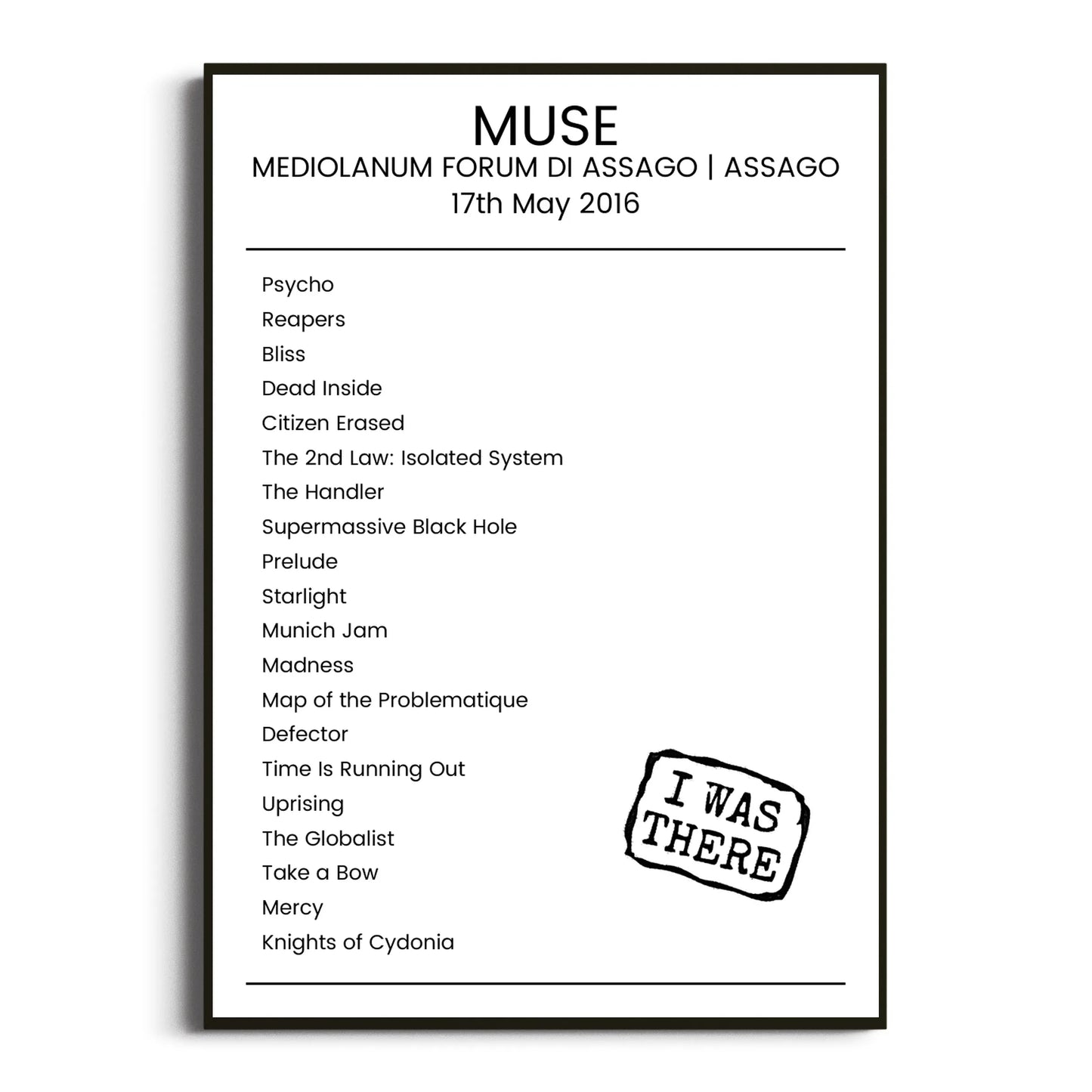 Muse Assago 17 May 2016 Setlist Poster