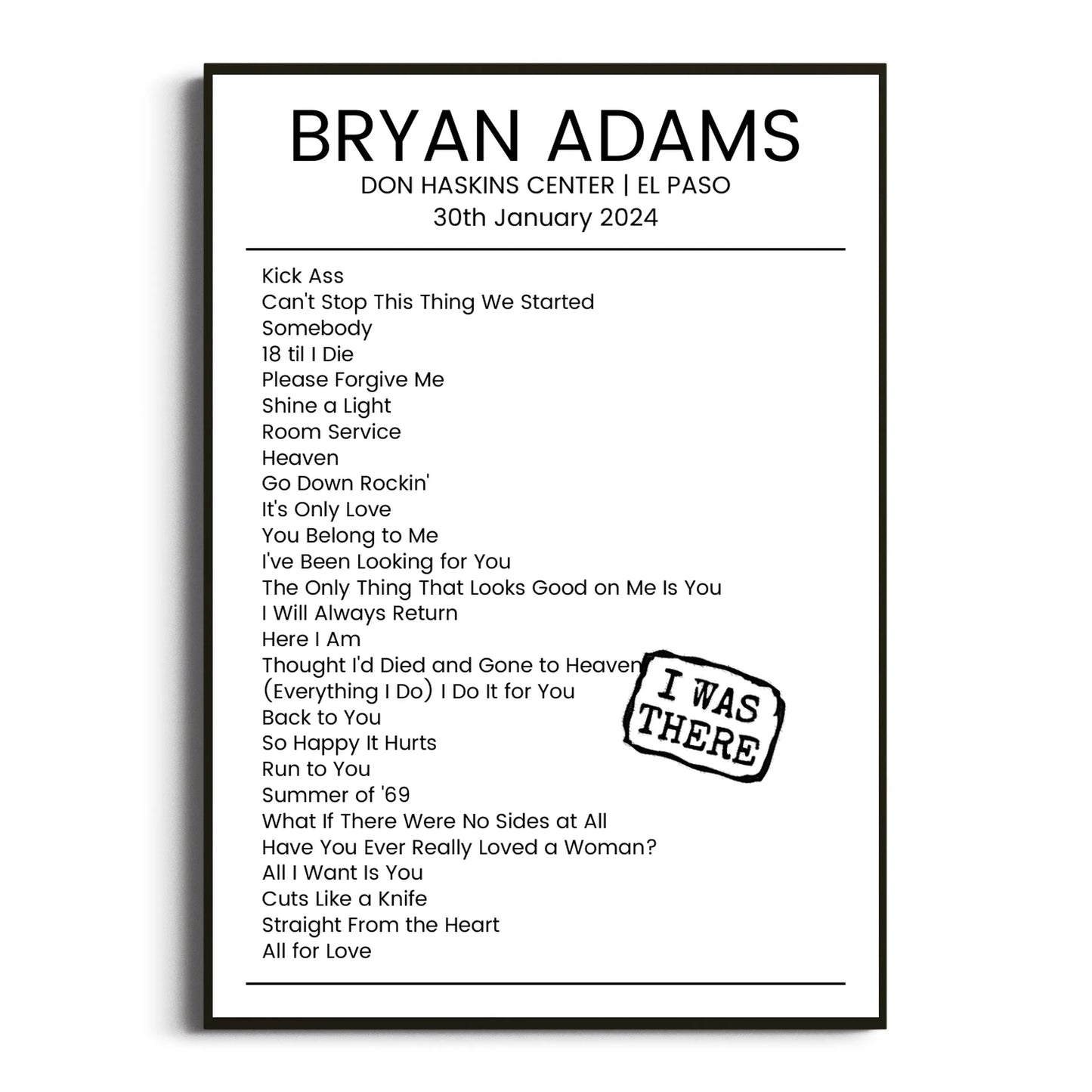 Bryan Adams El Paso 30 January 2024 Setlist Poster