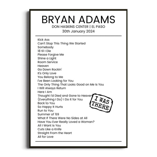 Bryan Adams El Paso 30 January 2024 Setlist Poster