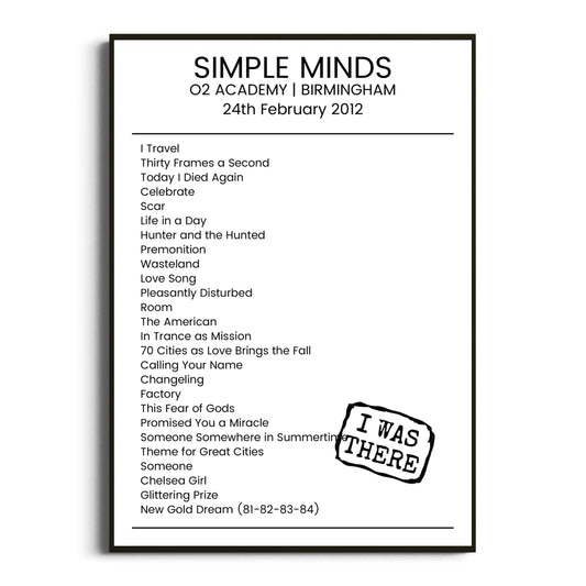 Simple Minds Birmingham 24 February 2012 Setlist Poster