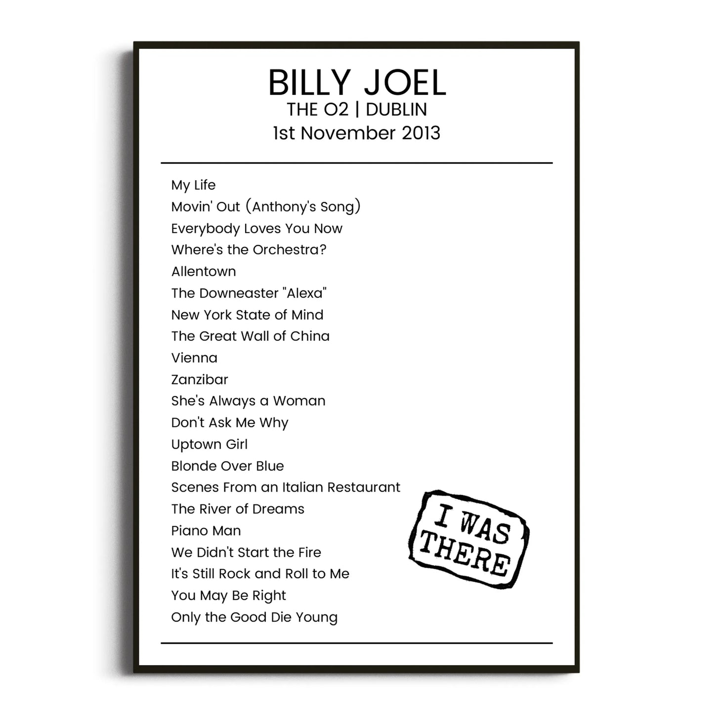 Billy Joel Dublin 01 November 2013 Setlist Poster