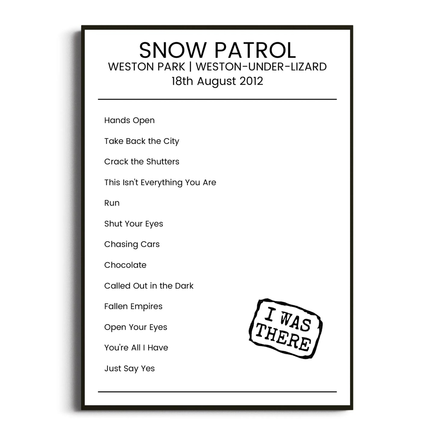 Snow Patrol Weston-under-Lizard 18 August 2012 Setlist Poster