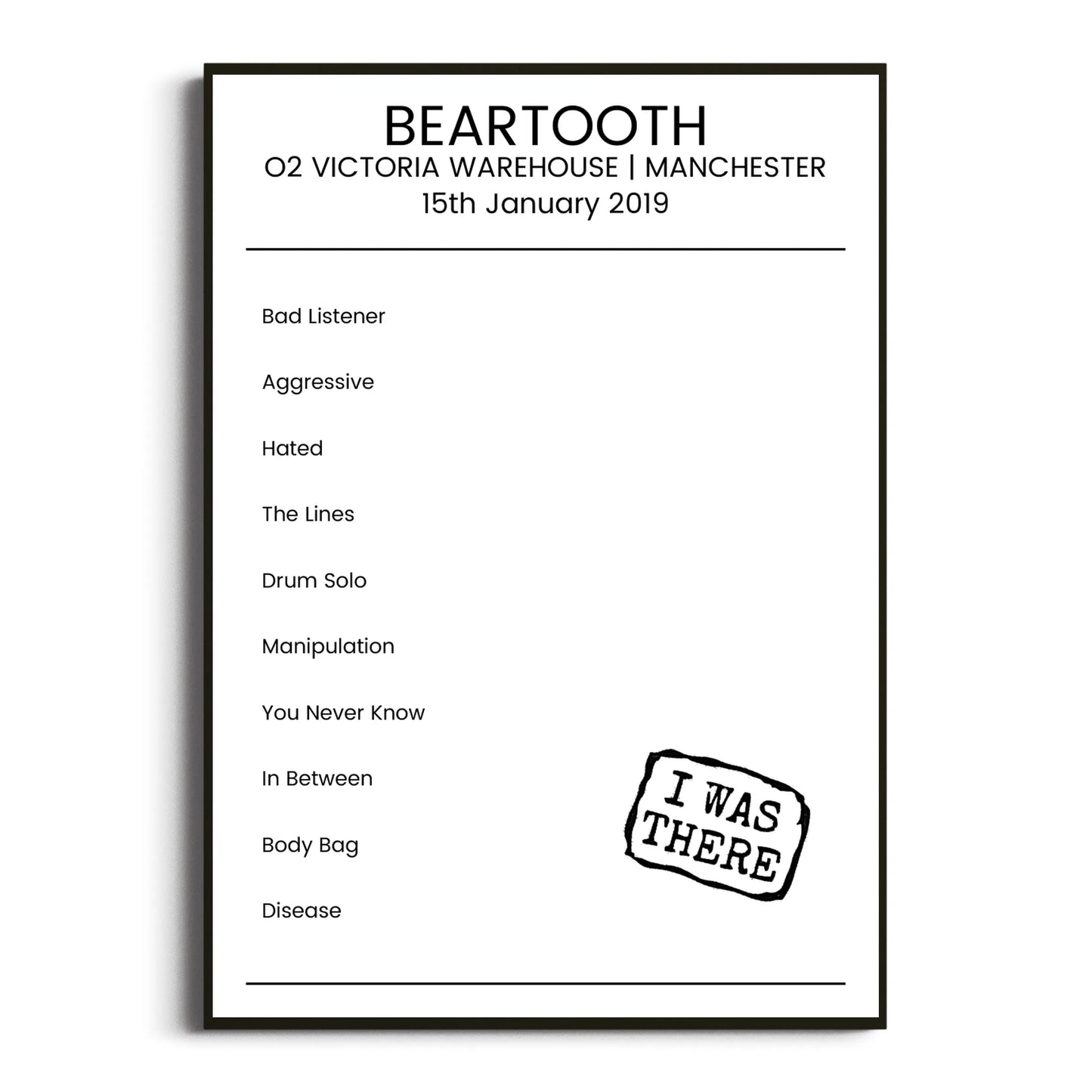 Beartooth Manchester 15 January 2019 Setlist Poster