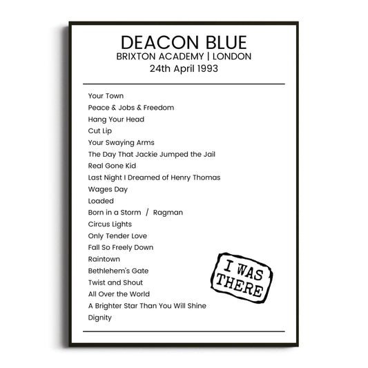 Deacon Blue London 24 April 1993 Setlist Poster