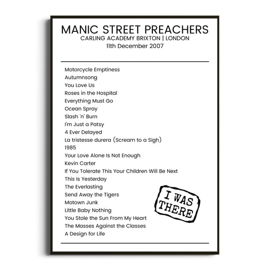 Manic Street Preachers London 11 December 2007 Setlist Poster