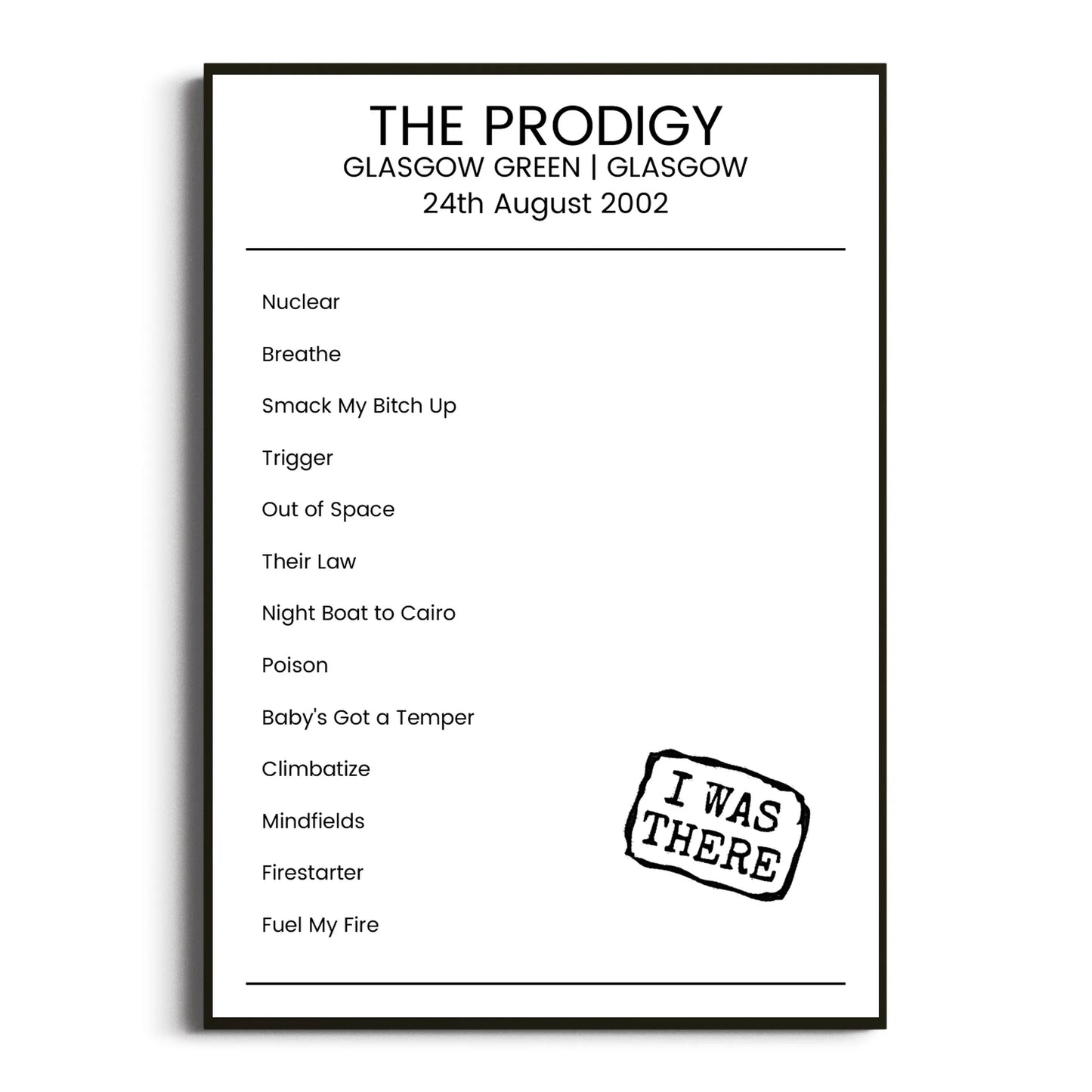 The Prodigy Glasgow 24 August 2002 Setlist Poster