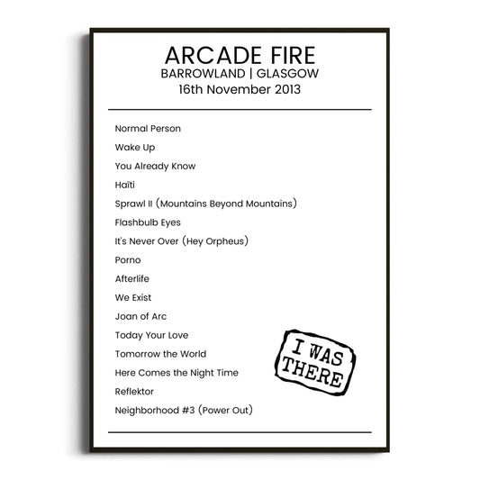 Arcade Fire Glasgow 16 November 2013 Setlist Poster