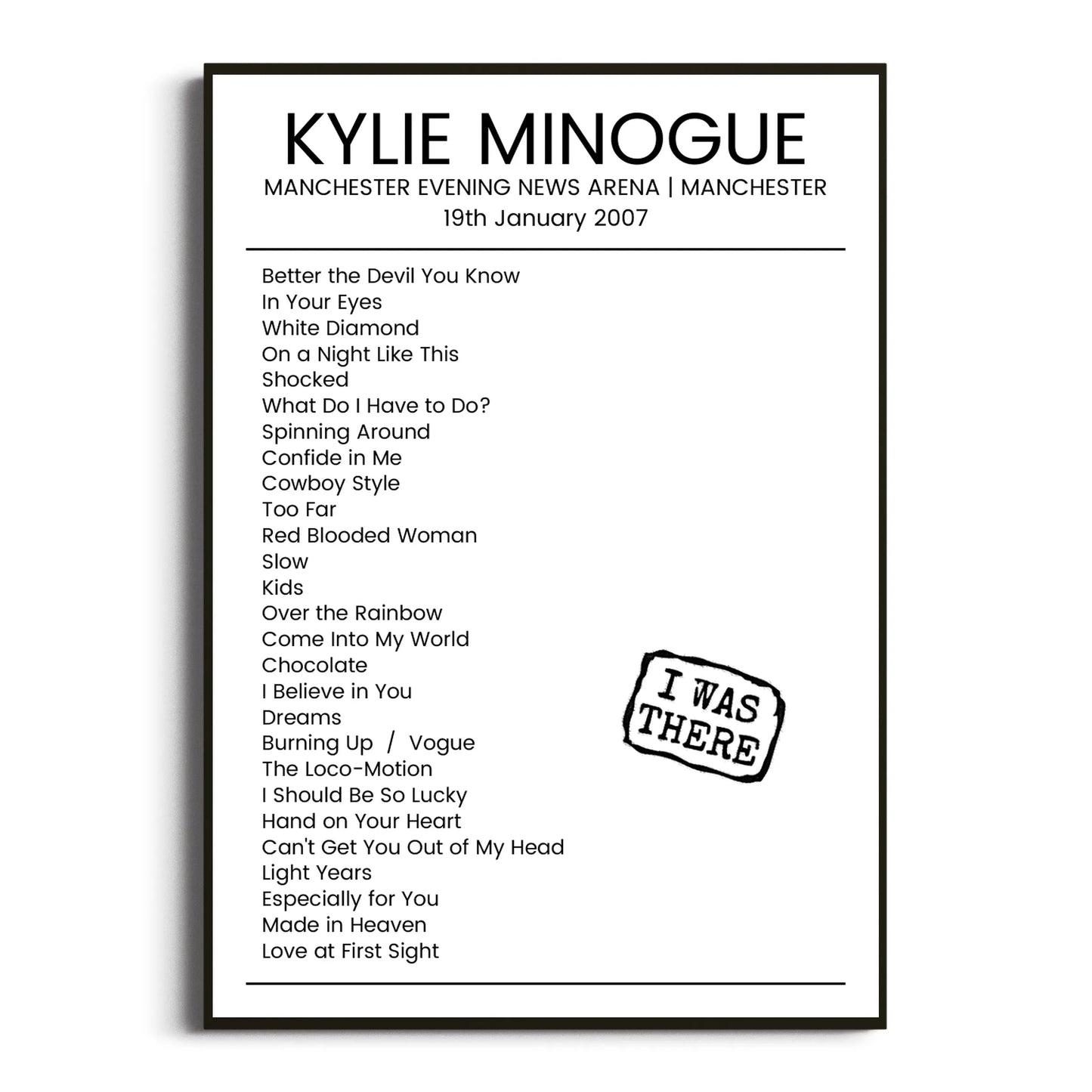 Kylie Minogue Manchester 19 January 2007 Setlist Poster