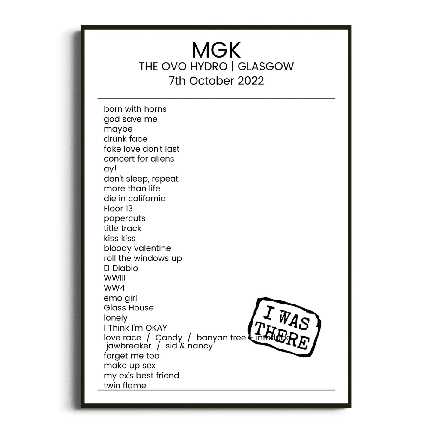 mgk Glasgow 07 October 2022 Setlist Poster