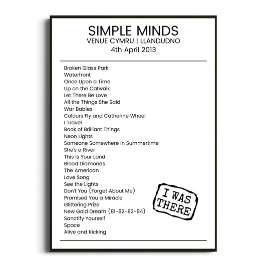 Simple Minds Llandudno 04 April 2013 Setlist Poster