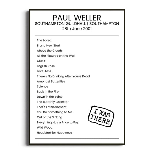 Paul Weller Southampton 28 June 2001 Setlist Poster