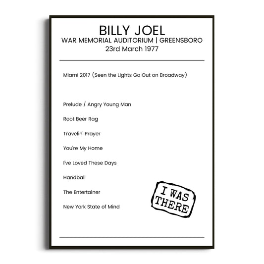 Billy Joel Greensboro 23 March 1977 Setlist Poster