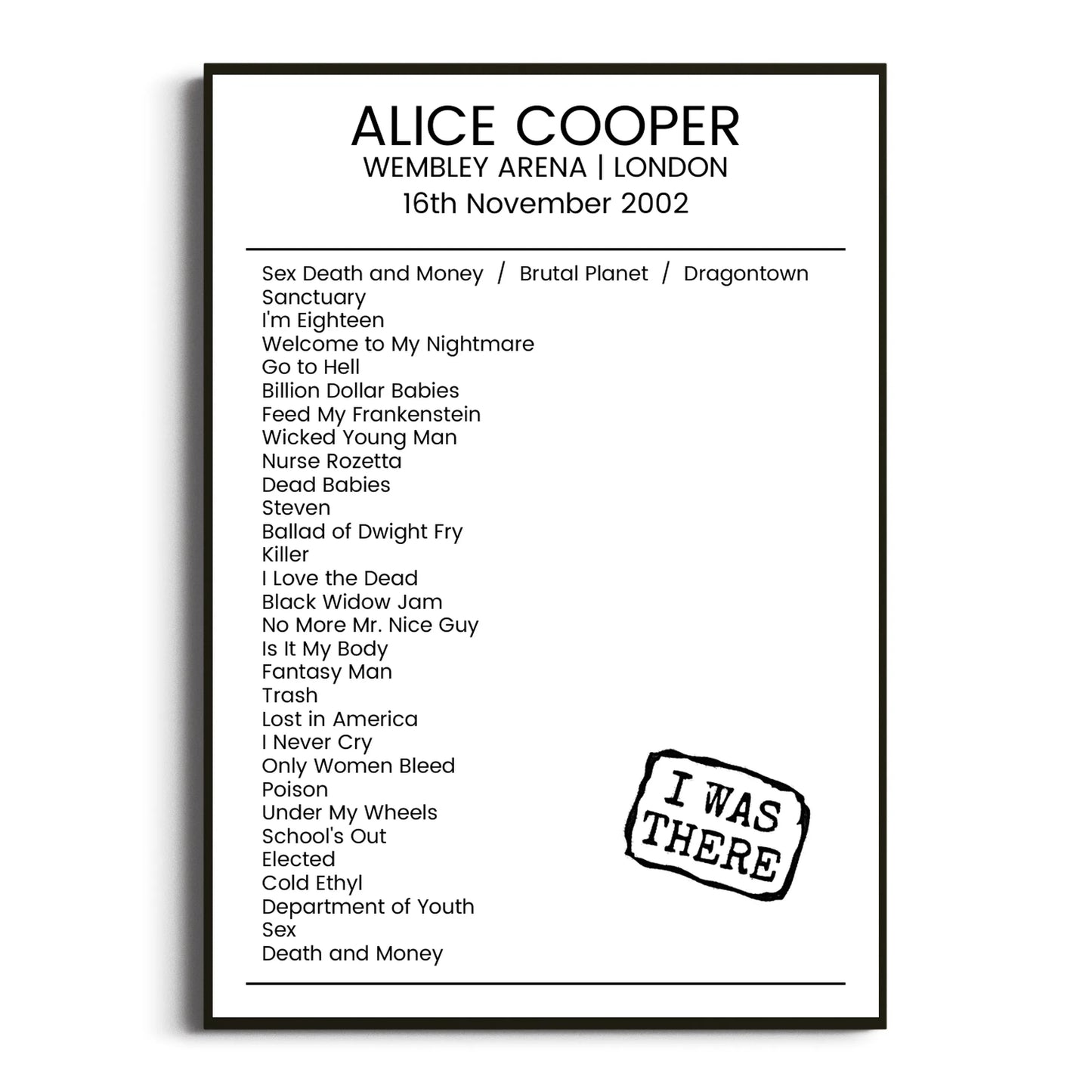 Alice Cooper London 16 November 2002 Setlist Poster