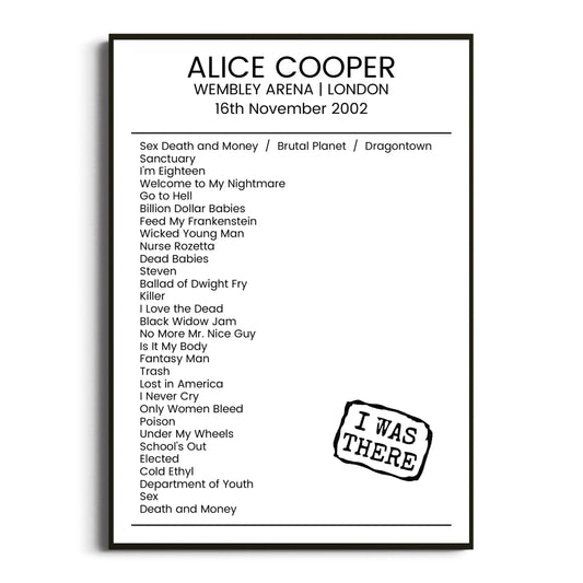 Alice Cooper London 16 November 2002 Setlist Poster